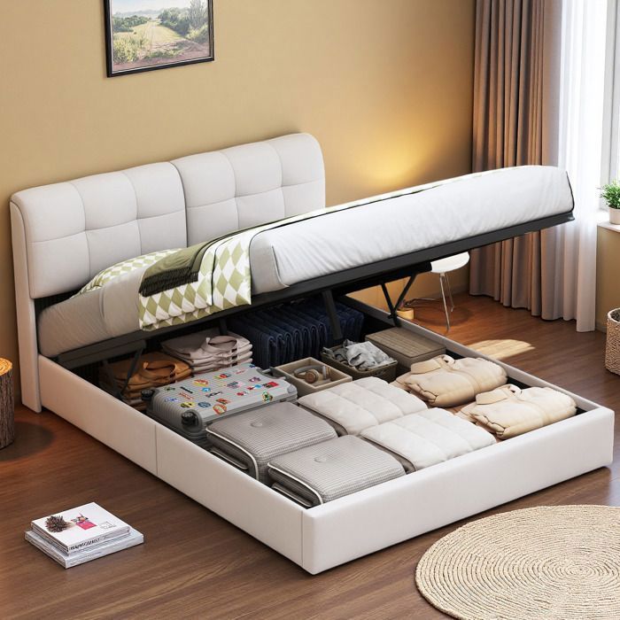 Lit coffre - 160x200 cm - Velours beige - LED intégrée - Système hydraulique