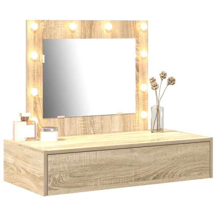 Table de maquillage murale - vidaxl - Tiroir spacieux - Lumières LED - Chêne Sonoma - 83x40x70 cm - Beige - Contemporain