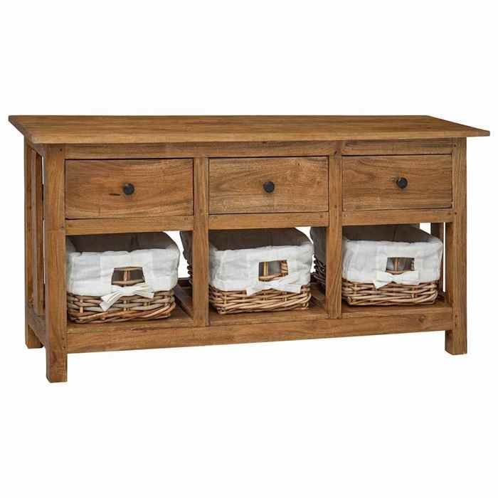 Buffet en bois dacajou massif - vidaXL - 100x30x50 cm - 3 tiroirs - 3 paniers amovibles en rotin - Style vintage - Brun