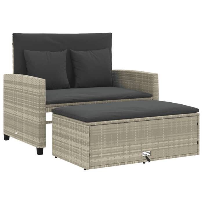 Canapé de jardin 2 places - JILL - Résine tressée - Gris clair - 115x75x91 cm - Convertible en lit - Coussins amovibles