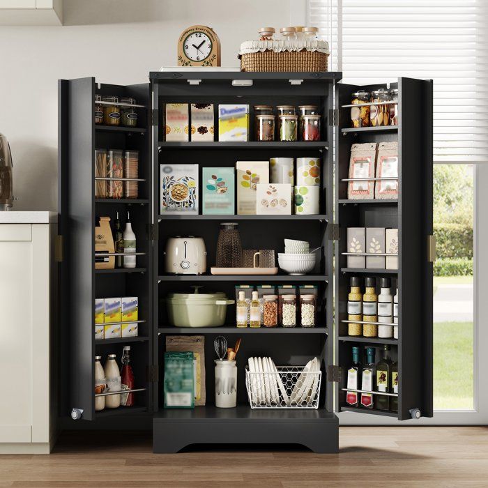 Armoire Buffet Haut de Cuisine 120x60x40 cm - Eclairage LED Grand Rangement 2 Portes Etagères Réglables et Porte-Epices Noir.