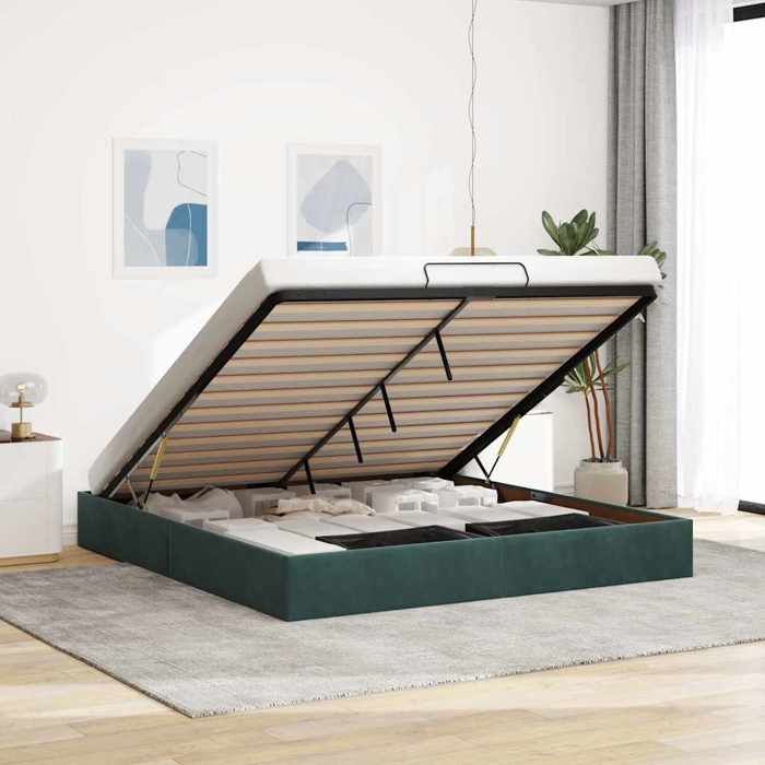 Lit ottoman en velours - UU - 180x200 cm - Vert foncé - Rangement sous le lit - Mécanisme de levage hydraulique
