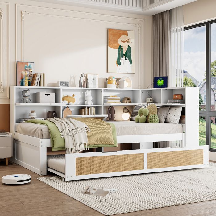 Lit gigogne 90x200/90x190 cm en bois massif blanc rangements intégrés et prises de charge