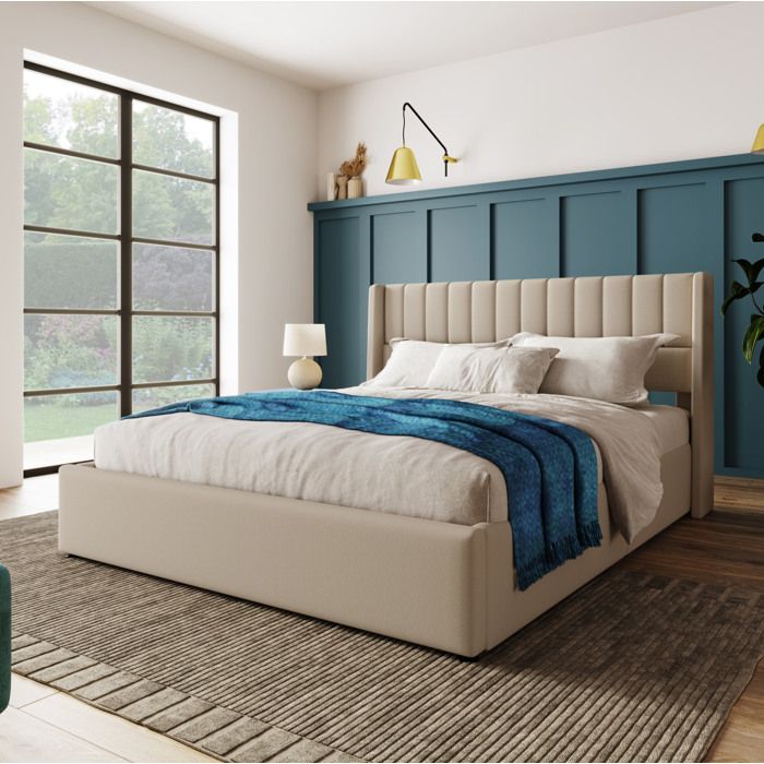 MODENUIT Lit coffre 160x200 cm avec tête de lit rembourré sommier à lattes relevable tissu lin beige (Sans matelas)