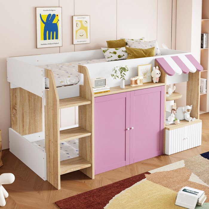 Lit mi-hauteur 90 x 200 cm avec espace de rangement ouvert lit superposé avec échelle descalade lit avec sommier à lattes rose Lit mi-hauteur 90 x 200 cm avec espace de rangement ouvert lit superposé avec échelle descalade lit avec sommier à lattes rose