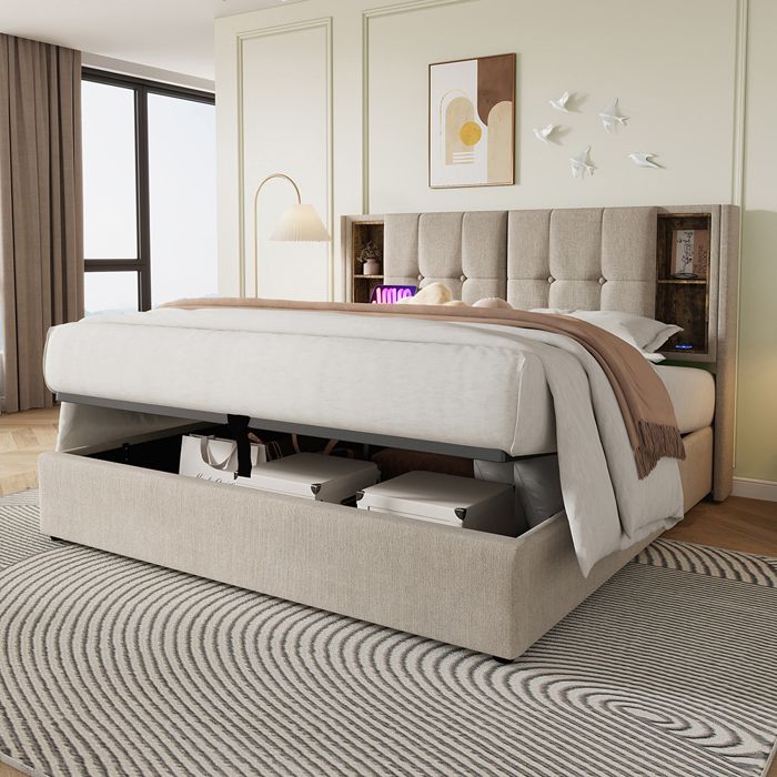 Lit coffre rembourré 180x200 cm - avec prises USB et chargement sans fil et tête de rangement - tissu en lin - beige