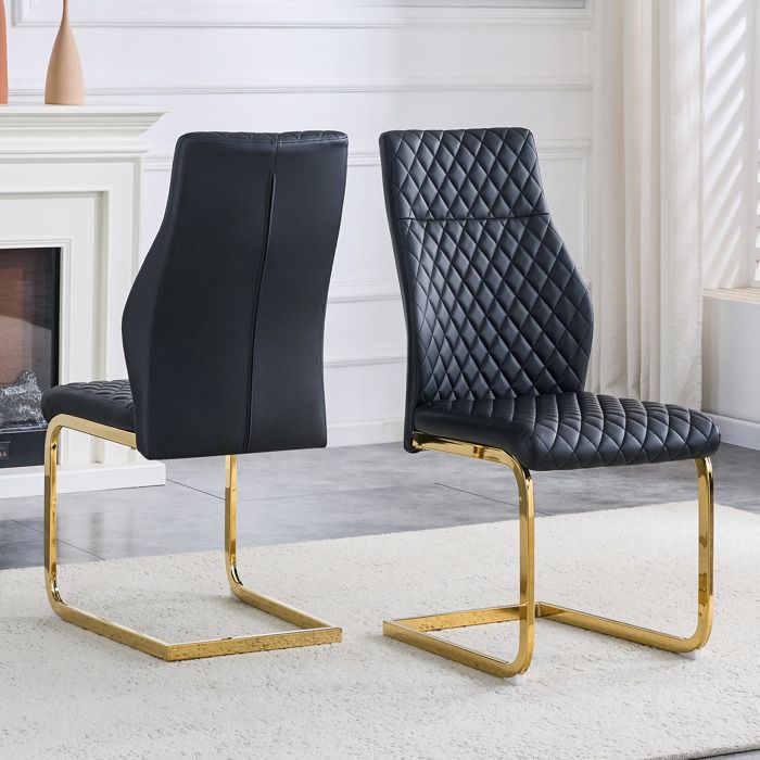 Chaise de salle à manger - Lot de 2 - Motif en losange - Noir+Or - Métal Cuir PU - 43x63x100 cm