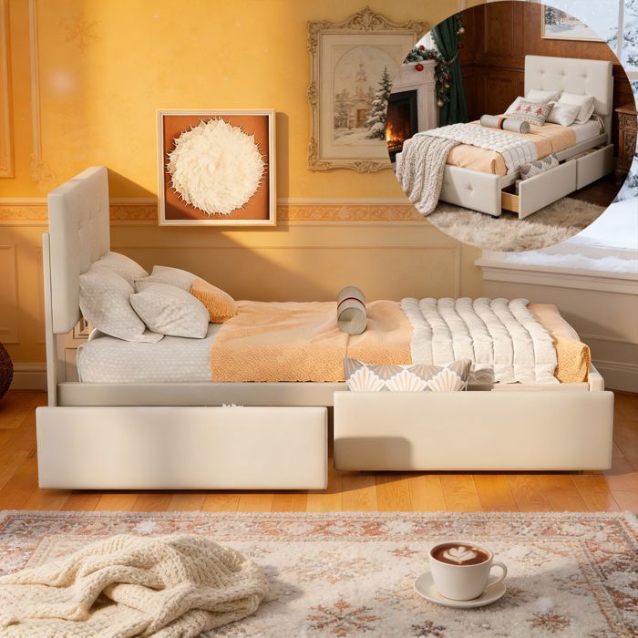 Lit 90x200 cm Sommier à lattes 2 tiroirs Tissu en velours cadre de lit enfant 90x200 beige