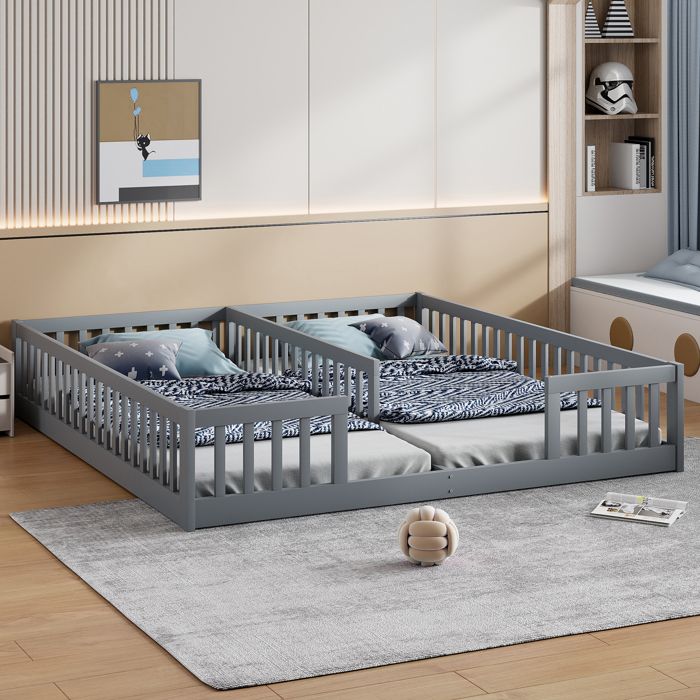Lit enfant au sol 2x 90x200 cm avec barrière Gris FloraGrace