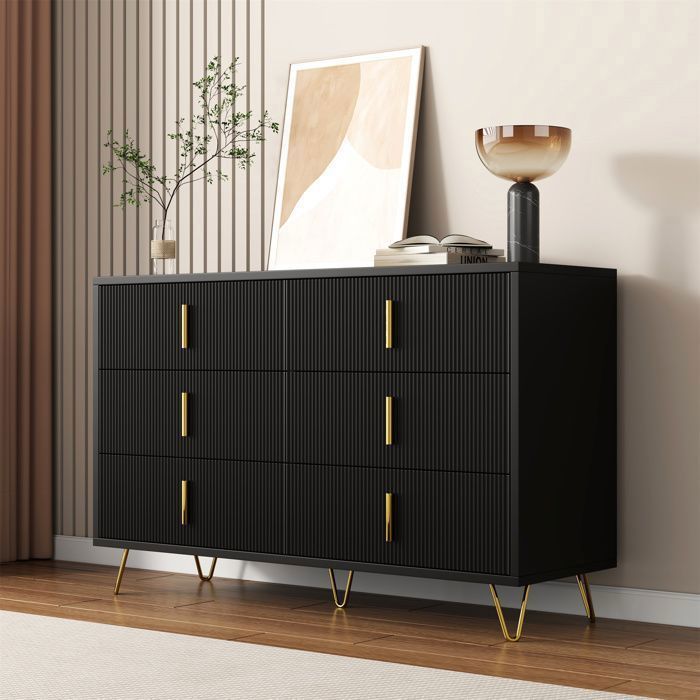 MERAX Commode à 6 Tiroirs Noir - 120x40x77 cm - avec Façades Rainurées et Poignées en Métal Doré – Design Élégant