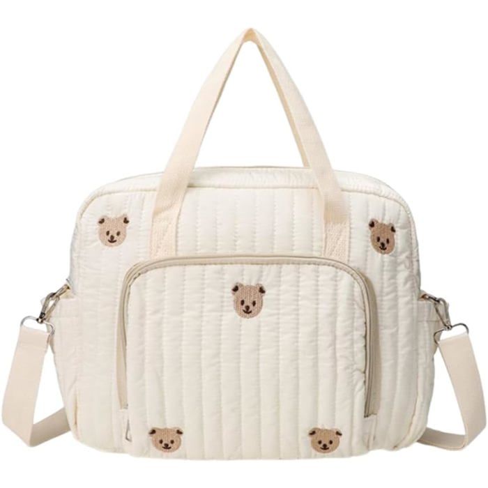 Grand Sac à Langer Matelassé Ours/Fleur Multifonction Bandoulière Réglable Coton Pochette Couches .