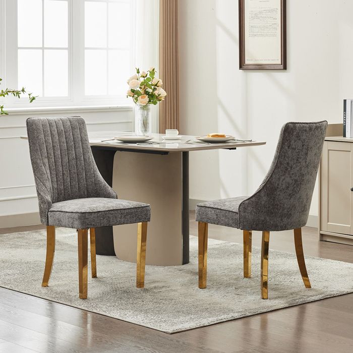 Lot de 2 Chaises de Salle à Manger en Chenille - Chaises de Cuisine - Pieds en métal doré - Rembourrée - Gris