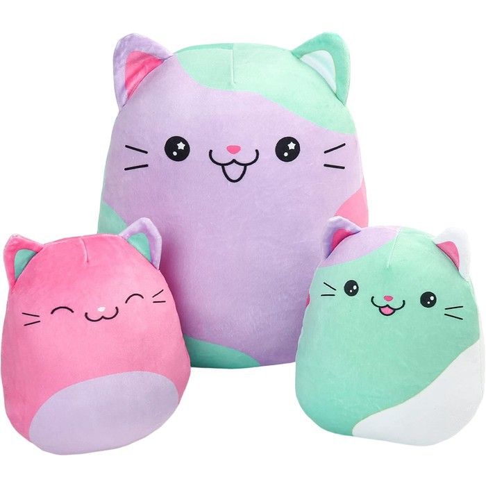 Coussin Peluche Chat Moelleux Squishy Lot de 3 pièces - 30 cm et 17 cm - Chat Kawaii Marron Doudou pour Enfant et