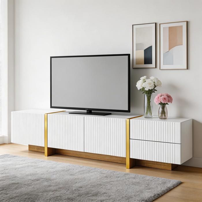Meuble TV - 190 cm 3 portes 2 tiroirs - Blanc et or veiné bois - MDF & panneaux - Pour TV 50-59