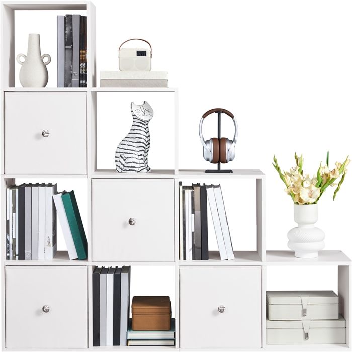 Yaheetech Bibliothèque 10 Cubes pour 120–200 Livres avec 4 Paniers en Tissu Pliables Similicuir pour Bureau Salon Chambre Blanc