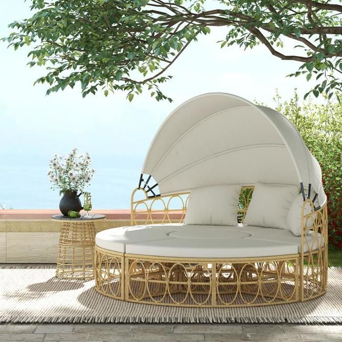 Ensemble de mobilier de jardin Shell deux places avec auvent pliable et table basse couleur crème idéal pour le jardin