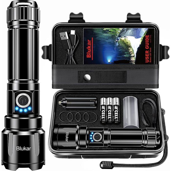 Lampe Torche LED Rechargeable 5000mAh - IPX6 Étanche avec 5 Modes Zoomable - pour Camping Urgence et Randonnée