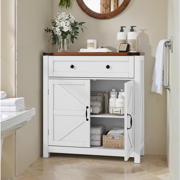 MEUVYX Buffet de cuisine blanc avec 1 tiroir 2 portes étagère réglable plateau effet noyer 76 × 30 × 83 cm