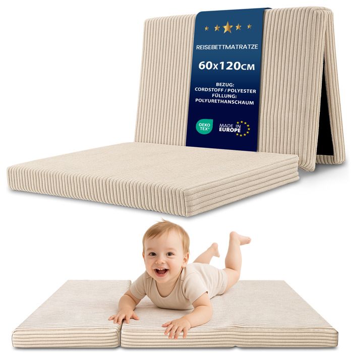Matelas Pliant Enfant Pliable - 60x120 cm Couchage d’Appoint Invité Couchage de Sol Chambre Enfant Matelas avec Housse Beige