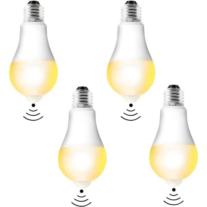 4pc ampoules LED E27 avec détecteur de mouvement Ampoule LED PIR Lampe 12W blanc chaud 3000K capteur de lumière lampe à économie