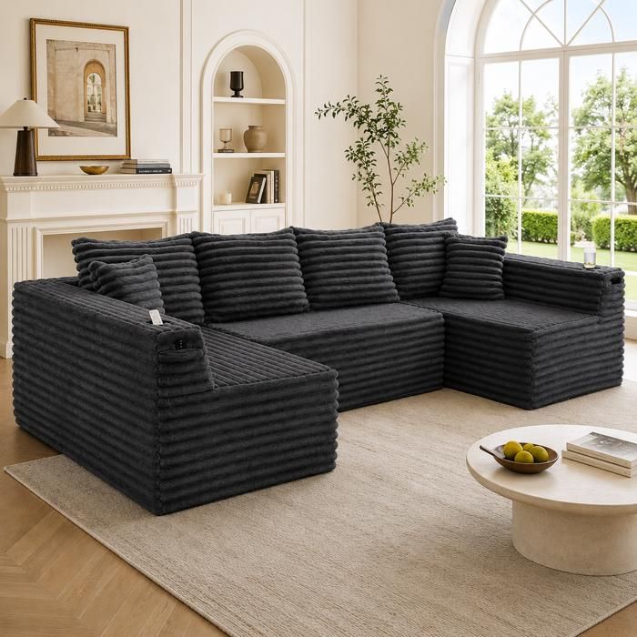 Canapé convertible - Modulaire - Tissu corde du roi gris foncé - 6 places U 320x155x88 cm - Accoudoir porte‑gobelet