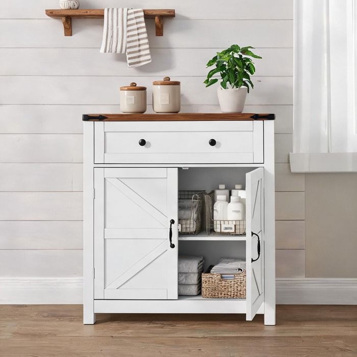 Meuble de rangement style ferme avec tiroir et portes coulissantes finition blanche et plateau noyer 193 cm