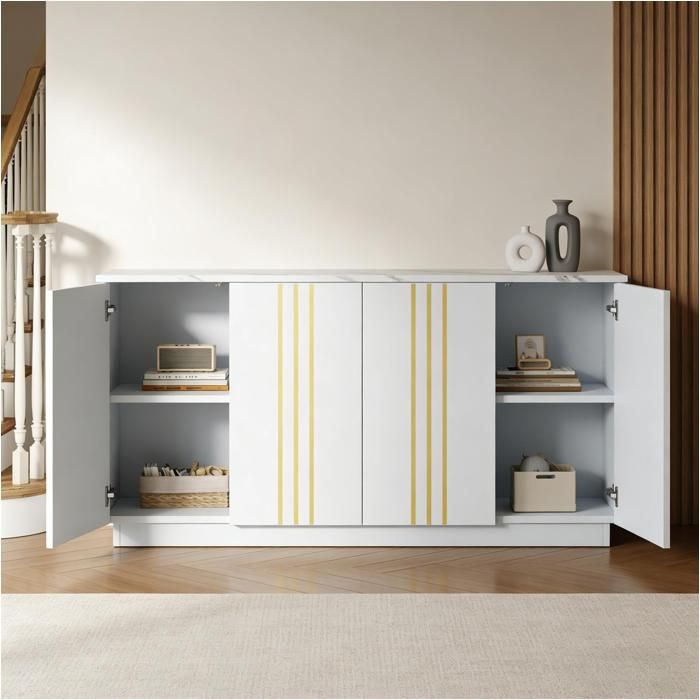 Buffet salon - Zephmum - 140x70x35 cm 4 portes lignes dorées cloisons réglables blanc or pour salon chambre