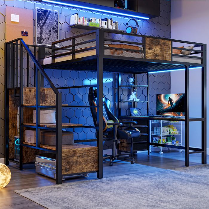 Lit Mezzanine 140x200 cm 2 Places avec Bureau Éclairage LED Prise Escalier de Rangement Étagères Penderie - Métal - Noir