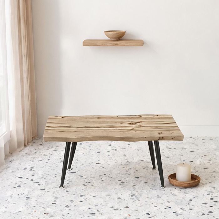 Table basse scandinave rectangulaire 100x50 cm plateau chêne 4 cm et pieds acier noir