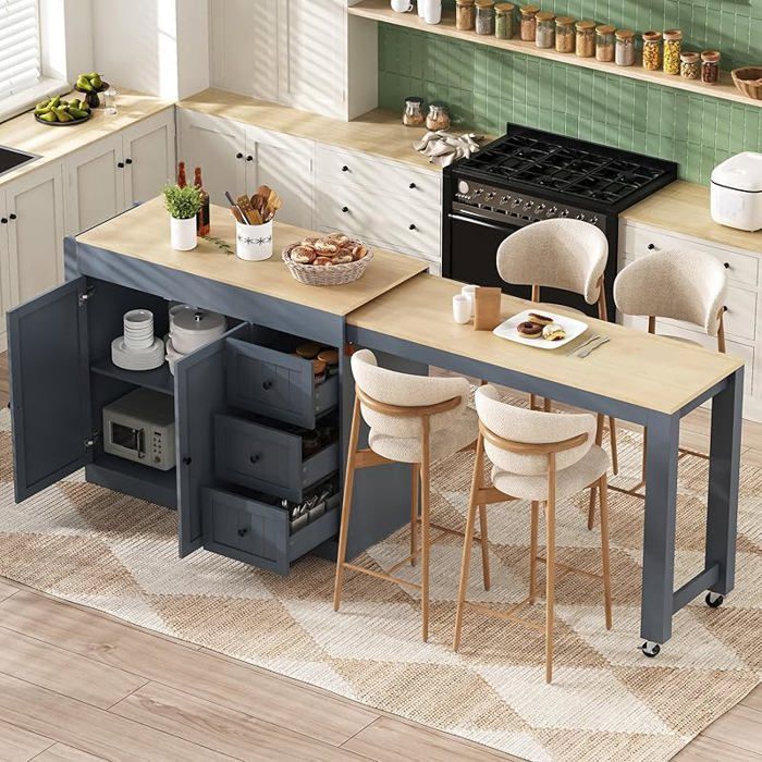 Îlot cuisine mobile 1868 cm plateau coulissant extensible 6 casiers de rangement gain de place pour petite cu BUFFET DE CUISINE