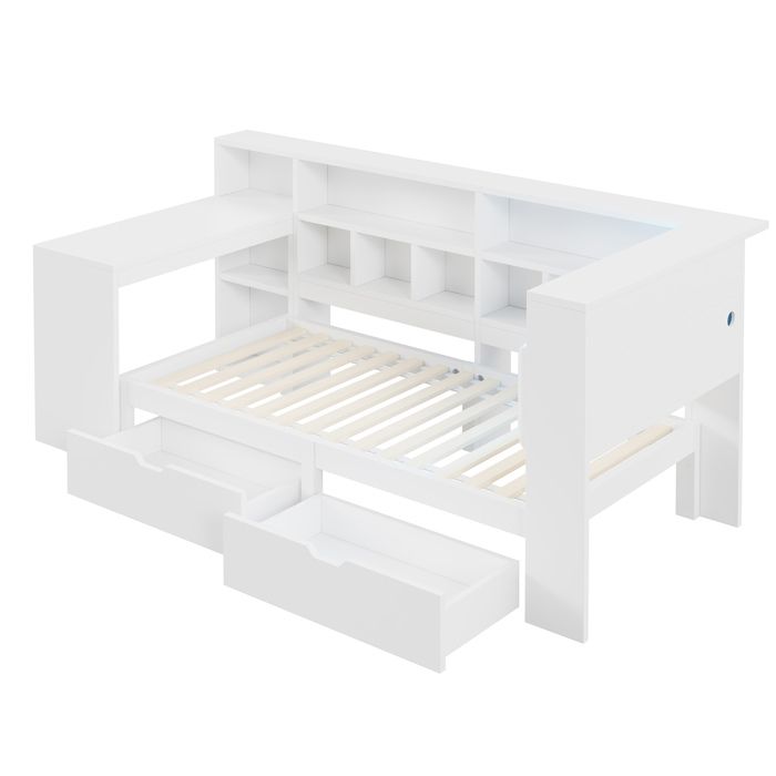 Lit plateforme 90 x 200 cm en L blanc avec bureau bibliothèque 2 tiroirs LED et USB