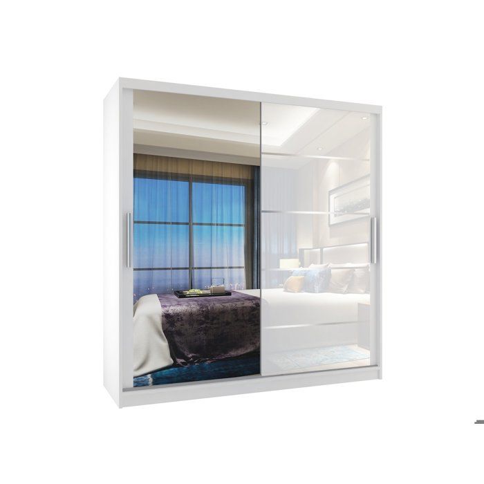 BELINI Grande Armoire 2 Portes Coulissantes VERONA MGB 158 cm - Blanc Brillant - Miroir Intégré & 2 Tiroirs - Chambre Adulte