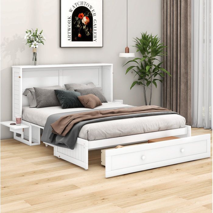 Lit escamotable 140 x 200 cm EVRYAE blanc avec tiroir et étagères latérales lit mural transformable 2 places