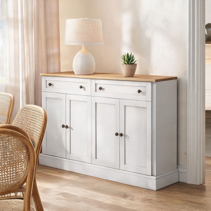 Meuble de rangement 4 portes 2 tiroirs en panneaux de particules et MDF finition blanc ancien et bois chaleureux naturel style
