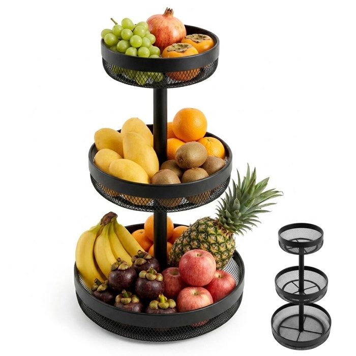 Corbeille a fruit Porte-fruits en Métal 3 Niveaux Panier de Fruits et Legumes Détachable Rangement Cuisine Maison Bureau-Noir