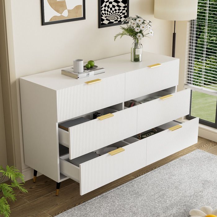 Buffet bas 6 Tiroirs Façade Ondulée et Pieds 15 cm - YEAVIO - Blanc et Or pour Salon ou Salle à Manger 120×40×77 cm