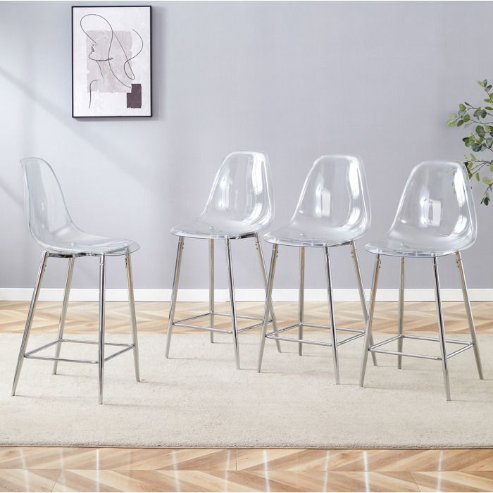 ROVRYN Lot de 4 tabourets de bar transparents avec dossier et repose-pieds structure en métal argent