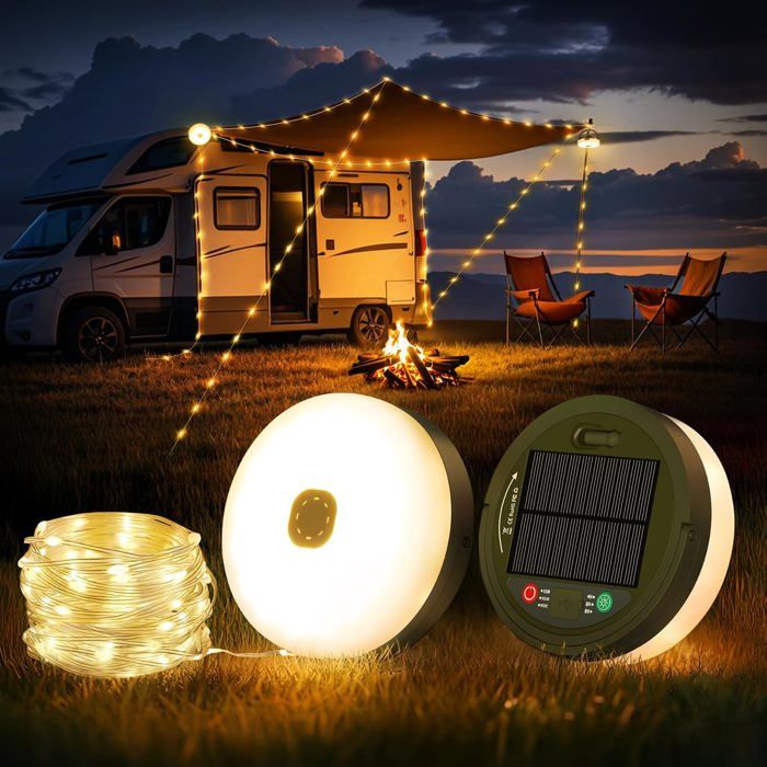Guirlande lumineuse camping 10 m enroulable LED rechargeable USB et solaire 8 modes déclairage étanche IP65