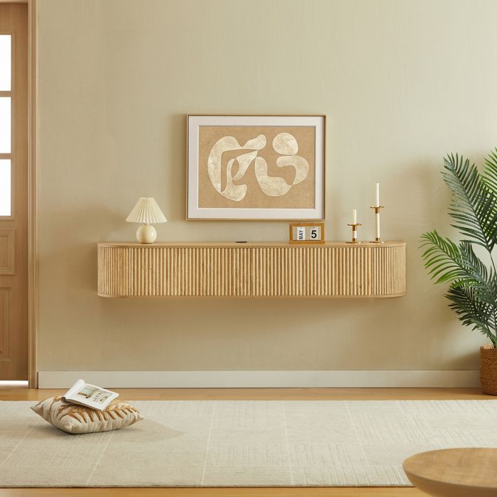 Meuble TV Mural Suspendu avec Passe-Cables - MEUNIQ - Portes Rainurees Fermeture Douce Naturel 180×32×30 cm