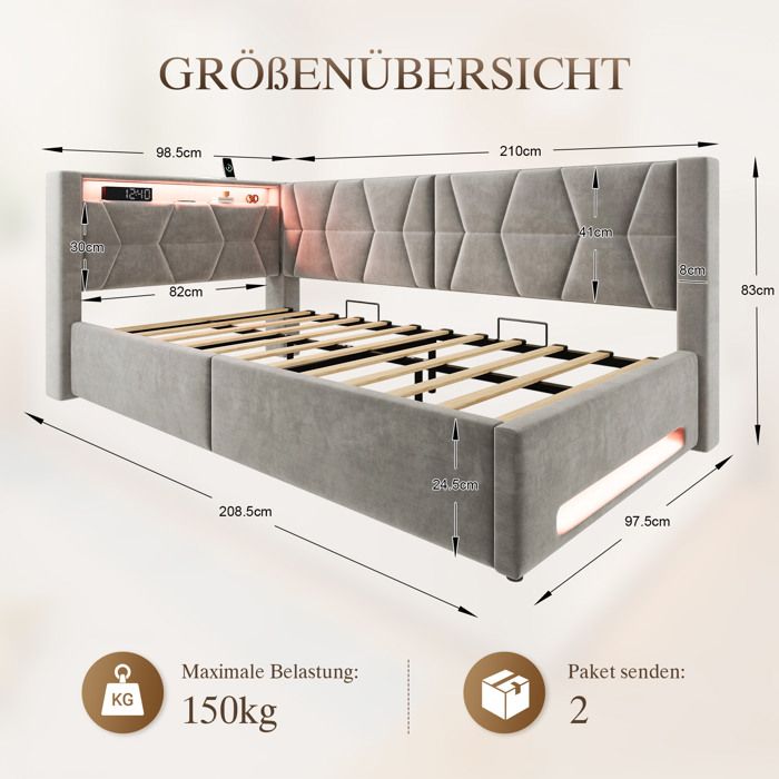 Lit coffre 1 place 90 x 200 cm - Velours gris - LED tete et pied de lit - USB Type-C - Sommier a lattes