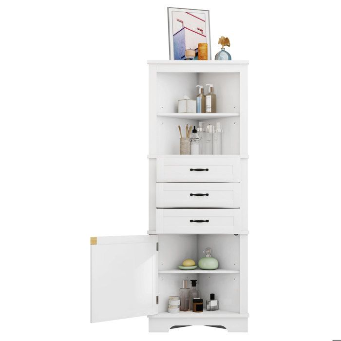 ELVORIN Colonne dangle salle de bain 57 7 x 46 x 167 5 cm MDF blanche 2 étagères ouvertes 3 tiroirs 1 porte