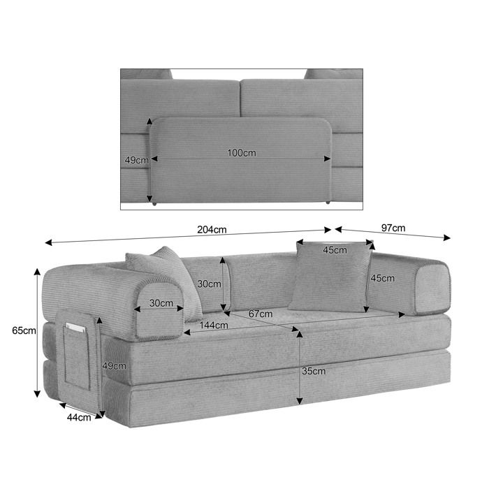 Canapé convertible canapé-lit compressé 204 x 97 x 65 cm en mousse avec 2 coussins velours côtelé VEVXYN
