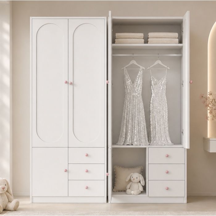 Armoire De Chambre 2 Portes 6 Tiroirs Blanc Laqué Armoire Penderie FloraGrace Pour Chambre Anti-Basculement 160x50x200cm