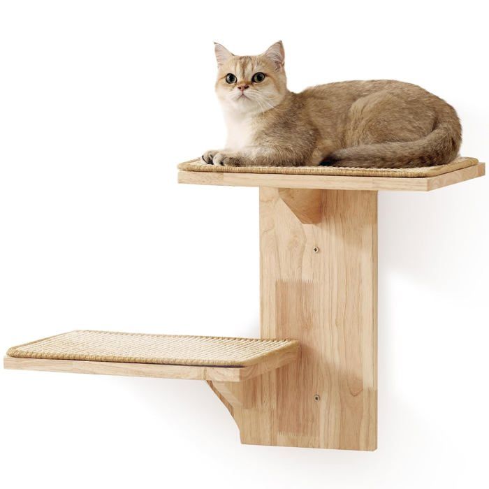 Étagère murale chat 2 plateformes forme darbre lot de 2 perchoirs bois dhévéa massif tapis sisal 406 cm pour cloison sèche