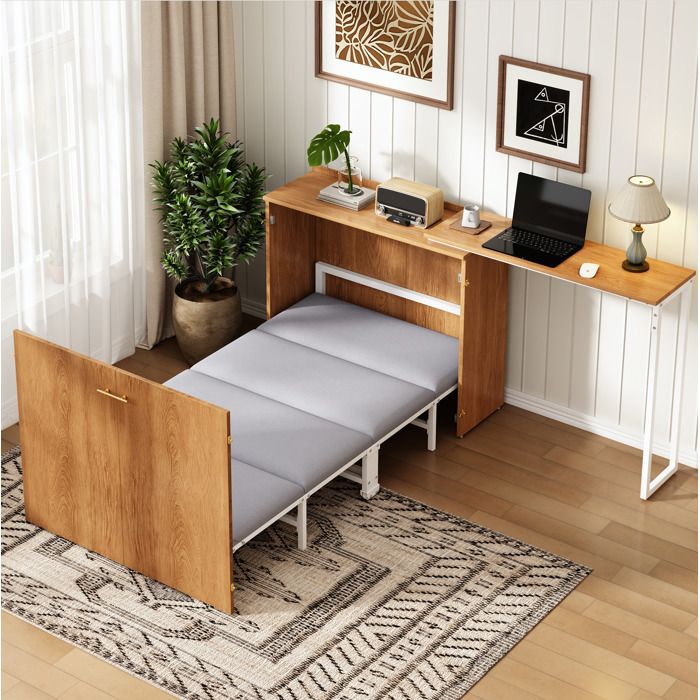 Lit escamotable naturel et blanc 2085 x 98 x 81 cm bureau pivotant matelas inclus roulettes