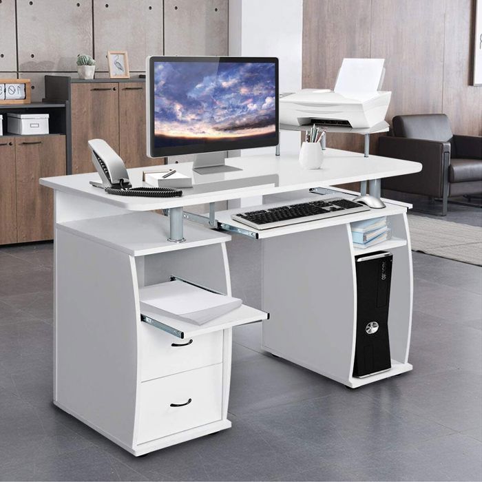 Bureau d'ordinateur avec Tiroirs et Étagères de Rangement - JOOLIHOMELIVING  - Blanc - Contemporain - Design - Cdiscount Maison