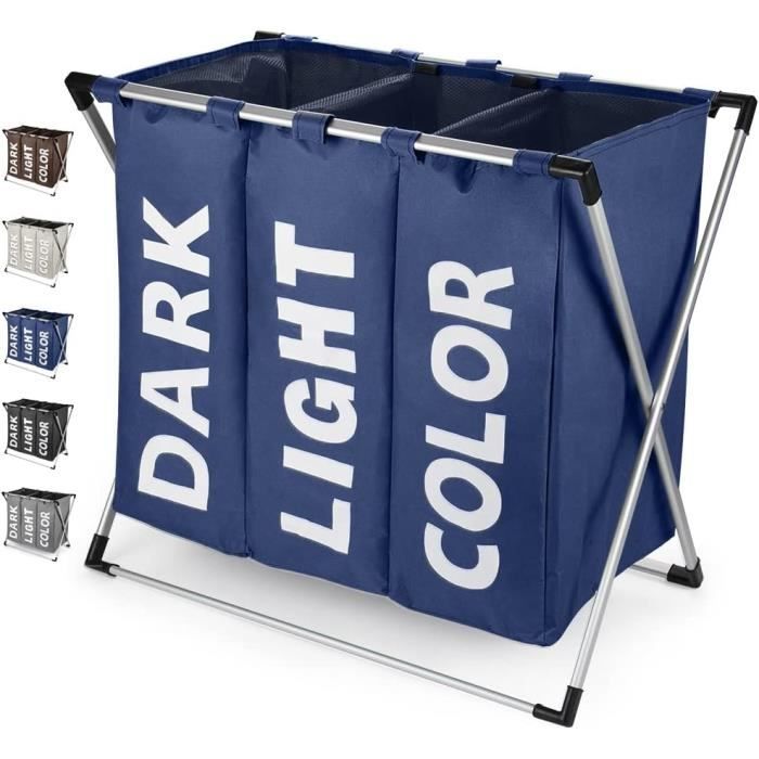Panier à Linge Pliable 160L 3 Compartiments Avec Couvercle – Oxford + Bambou, Poches Amovibles Pour Tri Linge Sale