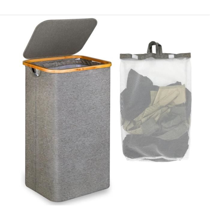 Panier à Linge Efluky 100L – Gris – Avec Couvercle Et Poignées