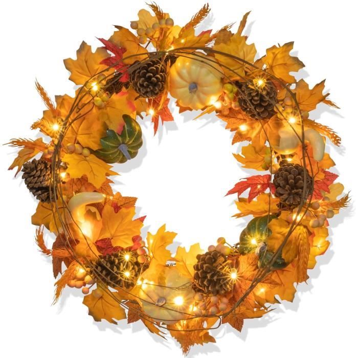 Couronne Automne Artificielle 40 Cm - Décoration Porte Avec Feuilles D'Érable Et Citrouille