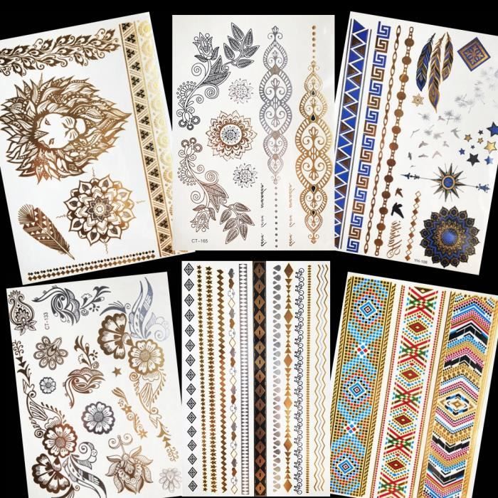 6 Morceaux Henna Mandala Fleur Or Métallique Temporaire Tatouage Autocollants Filles Bras Chaînes Flash Faux Tatouage Femmes Jambes